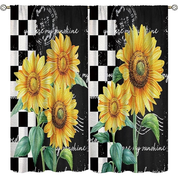 Sunflower Curtains,Yellow Buffalo Check Lattice Window Treatments for Living Room,Yellow Floral Blackout Farmhouse Country Drapes 2 Panel Sets,84x84 Inch