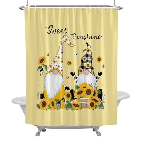 Sunflower Cute Gnomes Shower Curtain, Sweet Sunshine Yellow Background Waterproof Fabric Bathroom Shower Curtains Set with Hooks, 72 X 72 Inch Long