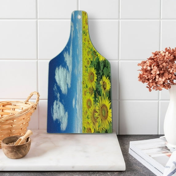 Sunflower Cutting Board, Fresh Sunflowers Field Under Clear Sky Clouds Countryside Farm Picture, Tempered Glass Cutting and Serving Board, Wine Bottle Shape, Blue Green Yellow, by Ambesonne