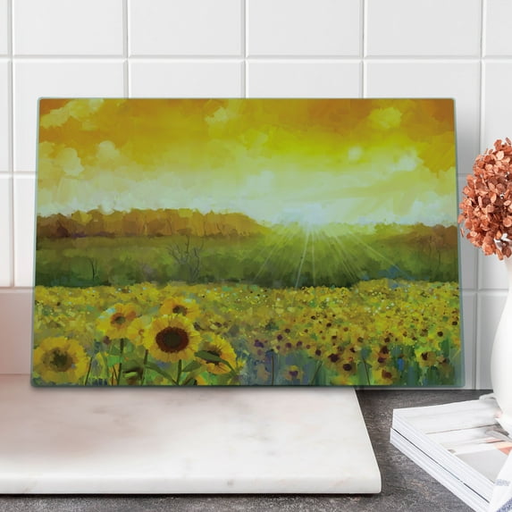Sunflower Cutting Board, Landscape a Golden Yellow Field and Distant Hill Sunset Colors Agriculture, Decorative Tempered Glass Cutting and Serving Board, Large Size, Orange Yellow, by Ambesonne