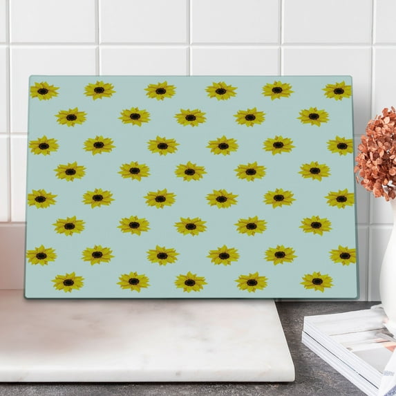 Sunflower Cutting Board, Sunflower Pattern on a White Background Vibrant Nature Elements Simple Seasonal Art, Decorative Tempered Glass Cutting and Serving Board, Large Size, Yellow, by Ambesonne