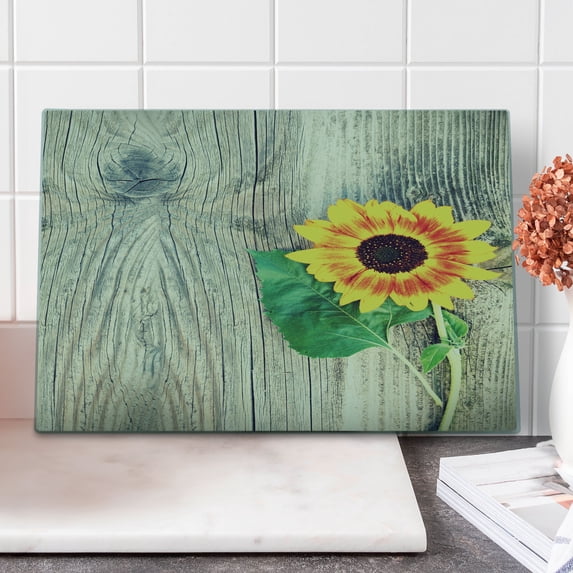 Sunflower Cutting Board, Sunflower on Wooden Old Board Bouquet Floral Mother Earth Photo, Decorative Tempered Glass Cutting and Serving Board, Large Size, Brown Green Yellow, by Ambesonne