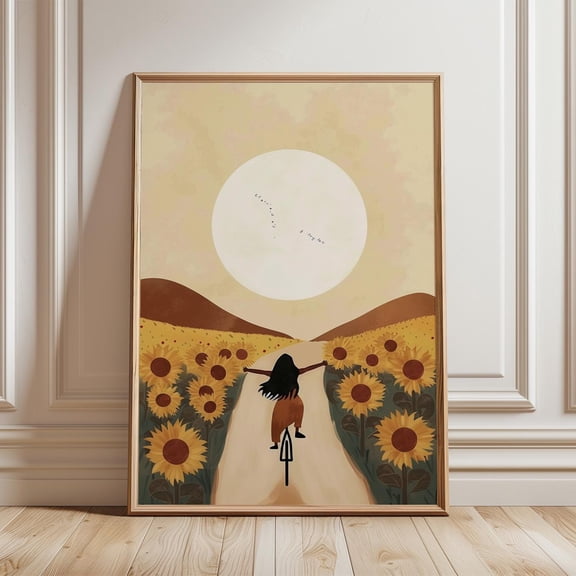 Sunflower Cycling Poster,Boho Landscape Wall Art,Neutral Paper Print