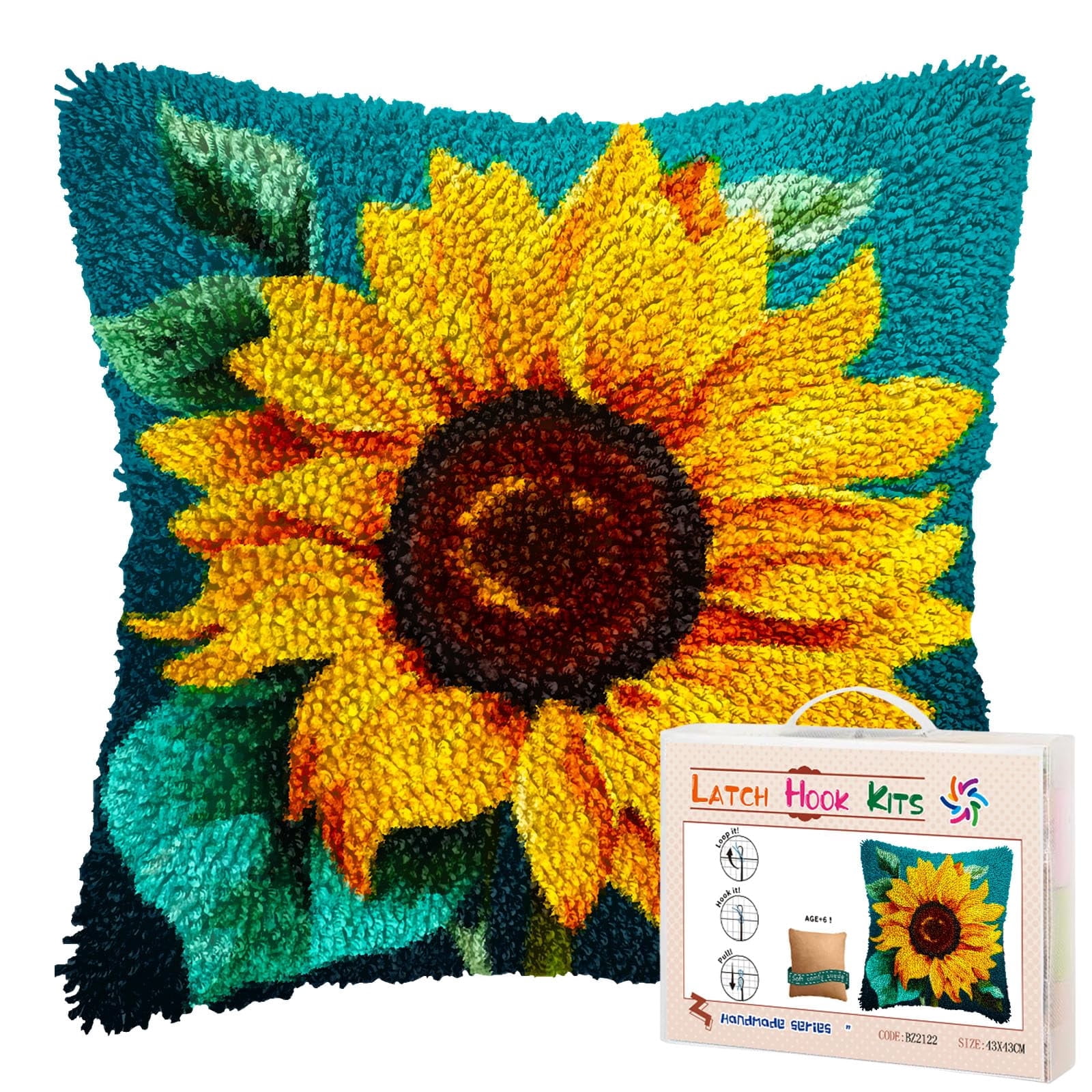 A Sunflower DIY Latch Hook Pillow Kits for Adults Printed Pillowcase Crochet Yarns Hooking Handmade Pillow Cover Cushion for Home Sofa Decoration 17x17inch