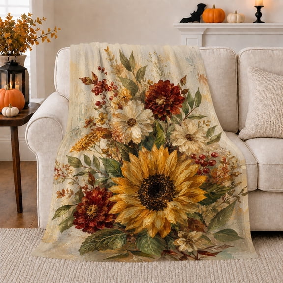 Sunflower Daisy and Autumn Berry Bouquet, Rustic Botanical Floral Art for Fall Flower Lovers, Thanksgiving Gift, Soft Flannel Blanket for Bedroom, Warm Home Decor