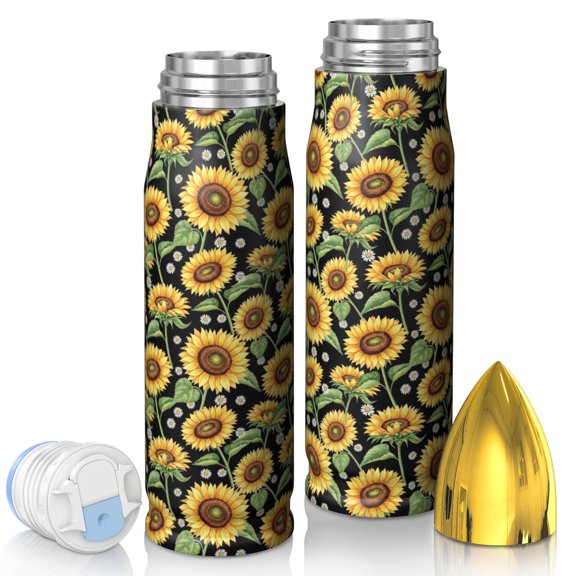 Sunflower and Daisy Black Pattern Bullet Tumbler, Vacuum Insulated Double Wall Novelty Drink Cup Bpa-free Pc Lid Gifts Ideas for Birthday Holiday Party