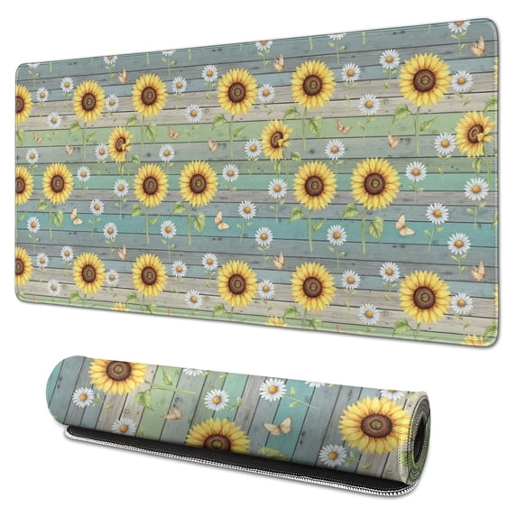 Sunflower and Daisy Blue Pattern Extended Large Mouse Pad, Keyboard ...