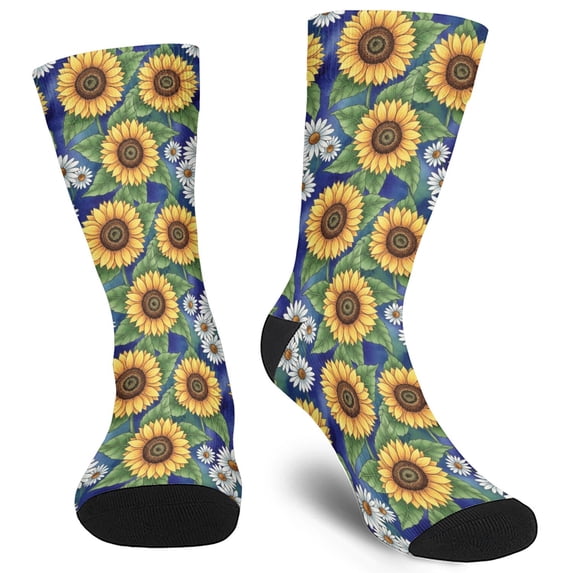 Mid Guy Sunflower and Daisy Blue Pattern Men's Mid-calf Crew Socks, Everyday ...