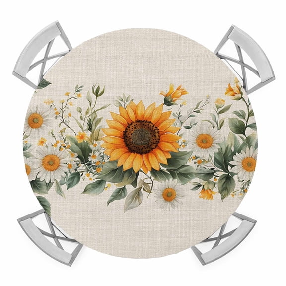 Sunflower Daisy Elastic Fitted Round Table Cover Linen Background Waterproof Outdoor Tablecloth for Holiday Party, Picnic, Patio & Dining Fits Tables Up to 55"-60"