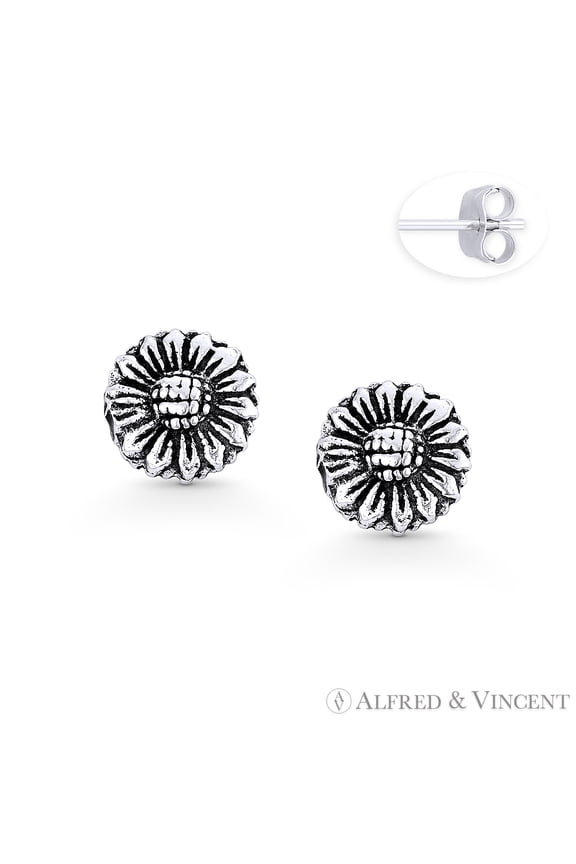 Sunflower Daisy Flower Charm Rustic Stud Earrings in Oxidized .925 Sterling Silver