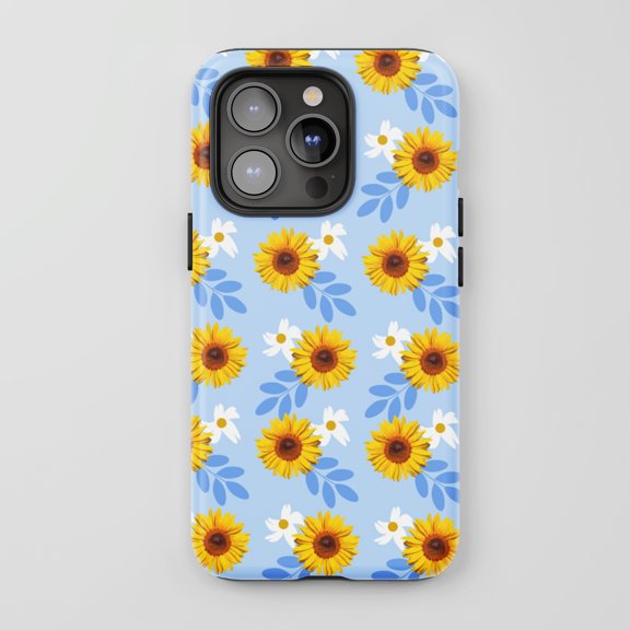 Sunflower Daisy Pattern for All iPhone Series Tough Phone Case Blue Floral