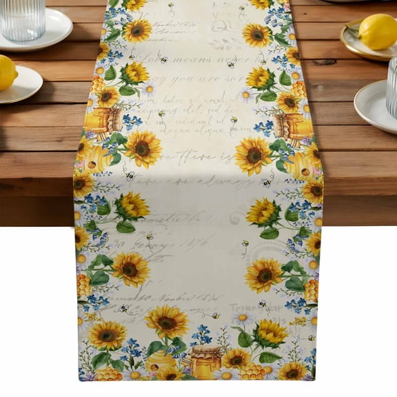 Sunflower Daisy Table Runner, Green Eucalyptus Leaves Bee Blue Flower Spring Farm Retro Washable Kitchen Table Runners Dress Scarves for Dining Table Decorations Party, 13x72in