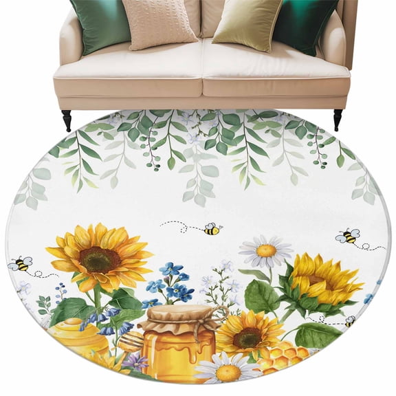 Sunflower Daisy Washable Round Area Rug 5 ft, Green Eucalyptus Leaves Bee Blue Flower Spring Farm, Soft Non Slip Rugs Stain Repellent Indoor Felt Carpet for Living Dining Room Bedroom Home Office