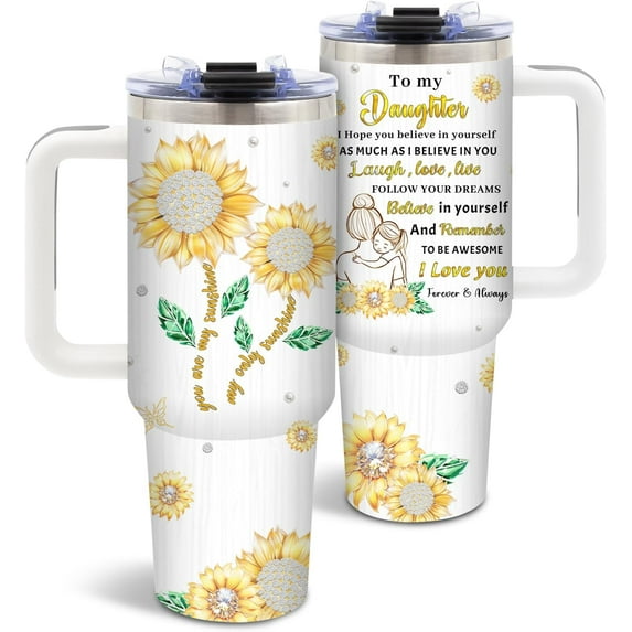 Sunflower Daughter Tumbler 40oz - Mothers Day Birthday Gift for Girl - Stainless Steel Cup with Handle & Straw - Gift from Mom