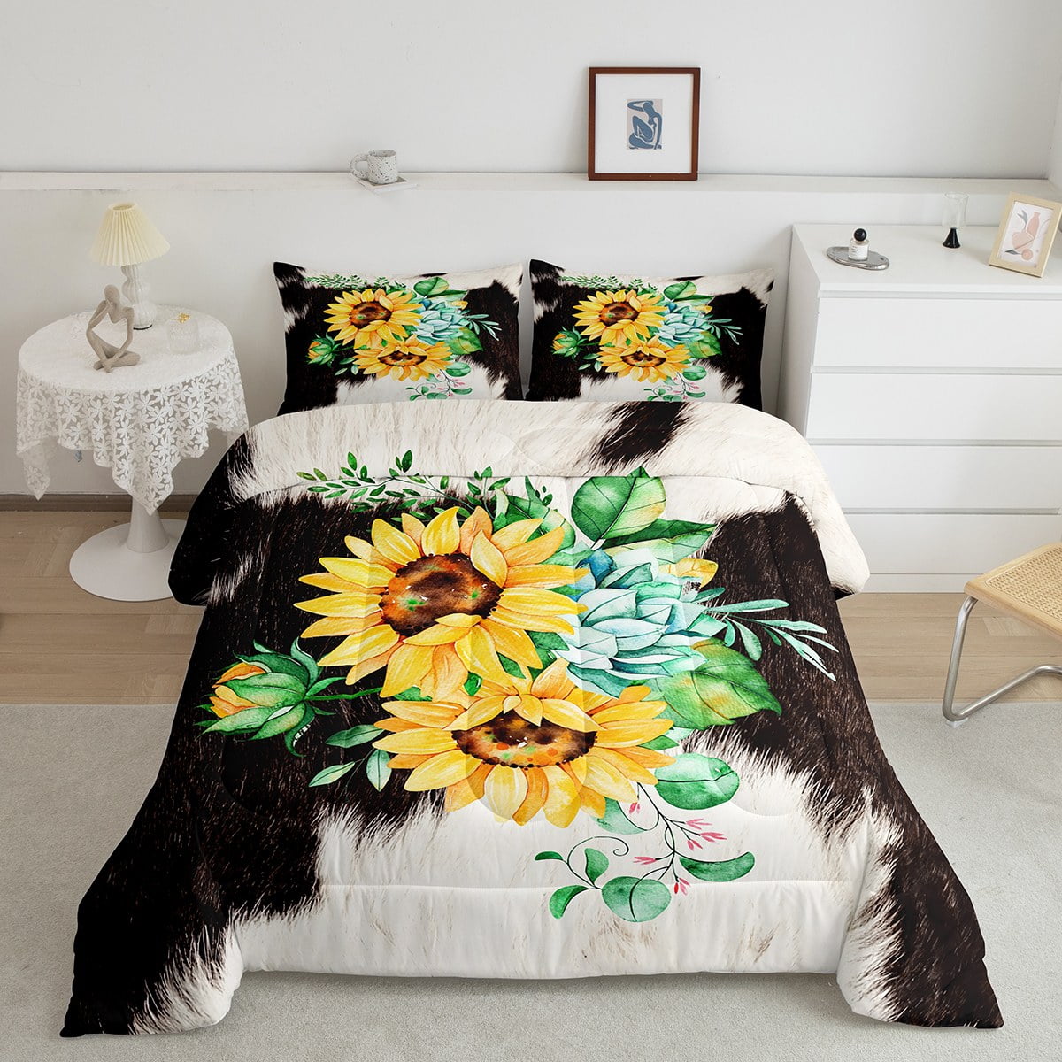 Sunflower Decor Bedding Comforter Sets Cowhide Bedding Queen Size Cow
