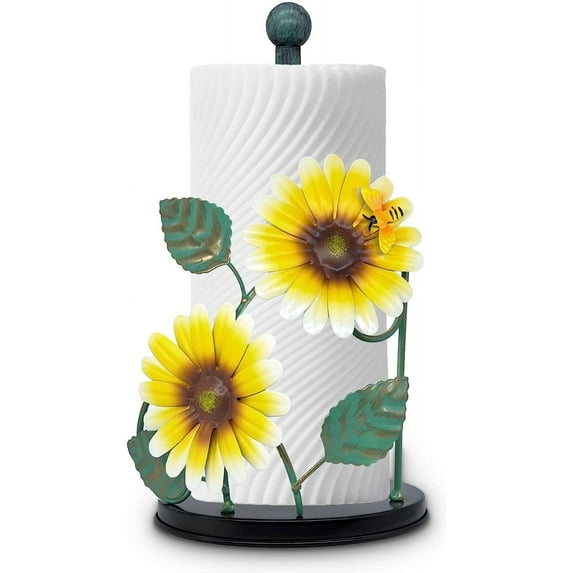 Sunflower Decor Paper Towel Holder | Metal Yellow Daisy with Bee | Countertop Kitchen & Bathroom Organizer | Cute Sunflower Accessories for Home Decor