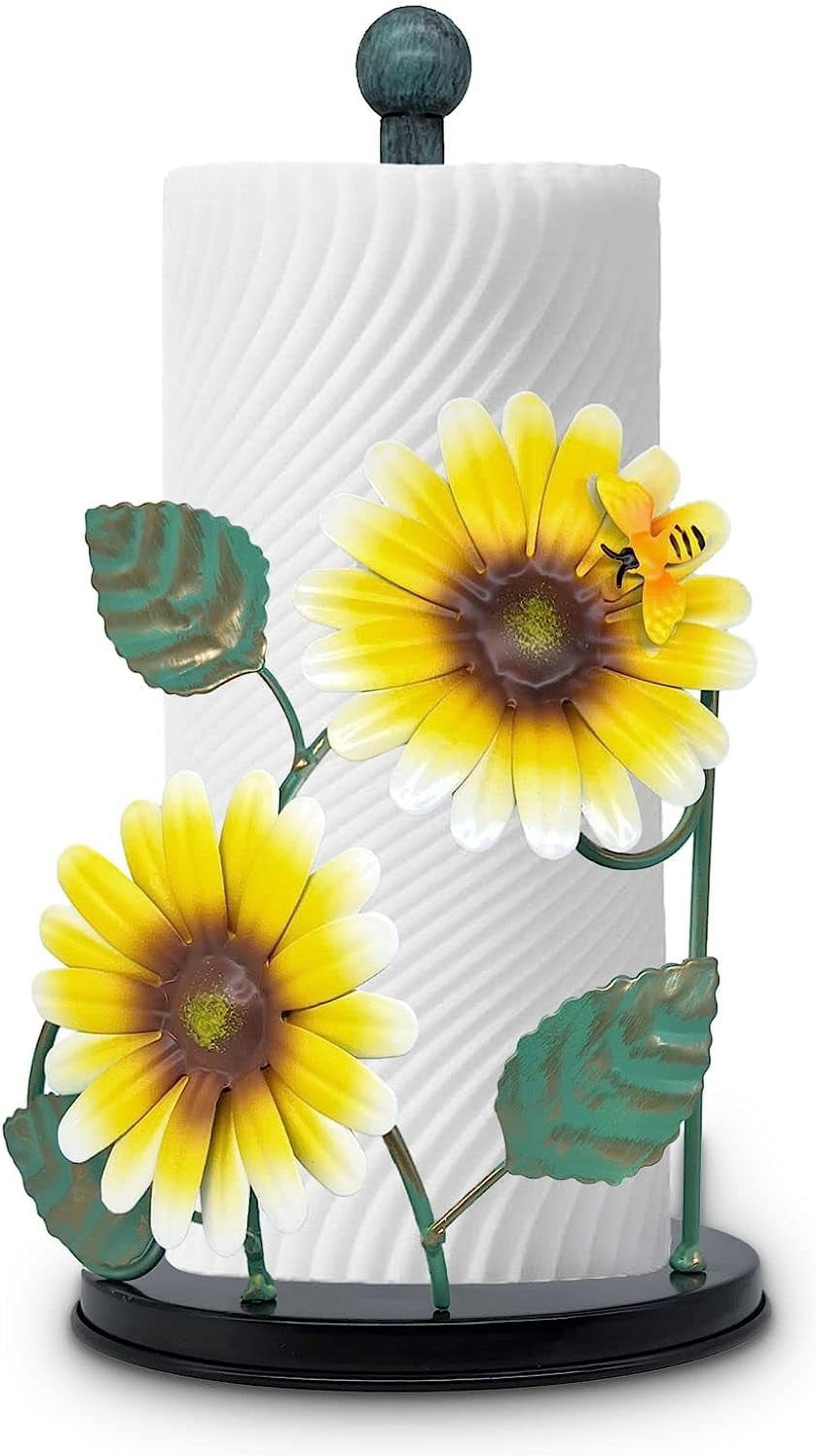 Sunflower Decor Paper Towel Holder | Metal Yellow Daisy with Bee | Countertop Kitchen & Bathroom Organizer | Cute Sunflower Accessories for Home Decor