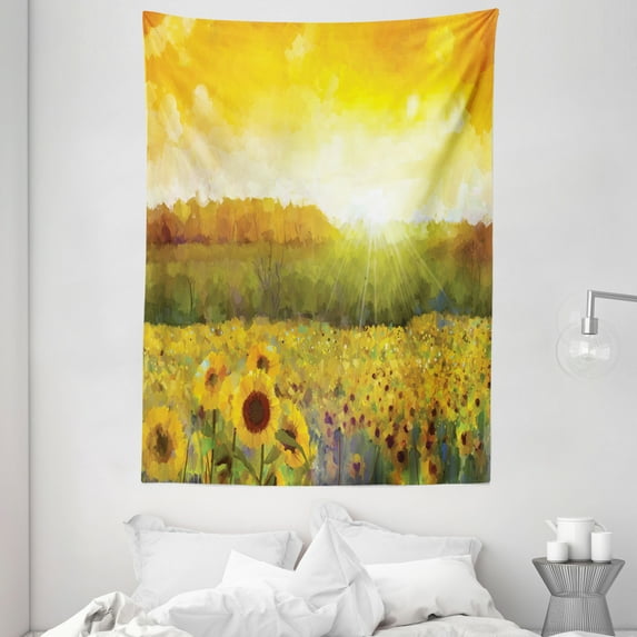 Sunflower Decor Wall Hanging Tapestry, Landscape Art with A Golden Sunflower Field and Distant Hill At Sunset Warm Colors, Bedroom Living Room Dorm Accessories, 60 X 80 Inches, by Ambesonne