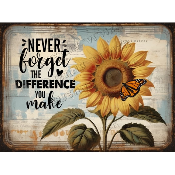 Sunflower Decor never forget the different you make Garden Sign, Positive Quote Sign, Decorative Outdoor Backyard Decor, Gift for Gardeners, Aluminum, 12x8 Inches Metal Sign