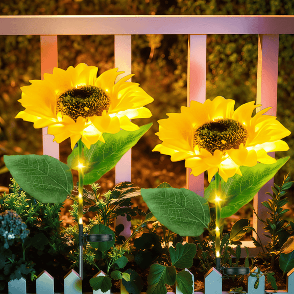 2 Pack Solar Garden Lights, Sunflower Solar Lights Outdoor Waterproof with Auto On/Off, Solar Yard Lights for Patio Lawn and Garden Decor, Yellow