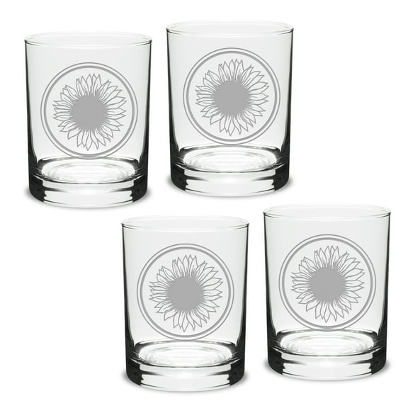 Sunflower Deep Etched Double Old Fashion Glass Set of 4