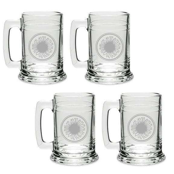 Sunflower Deep Etched Glass Tankard Mug Set of 4