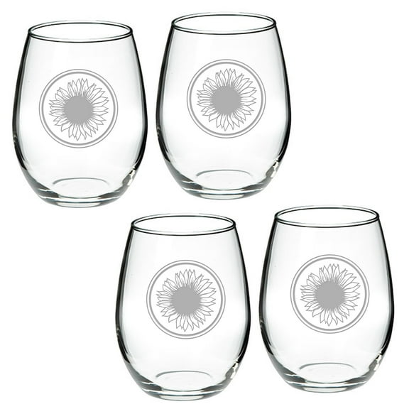 Sunflower Deep Etched Stemless Red Wine Glass Set of 2