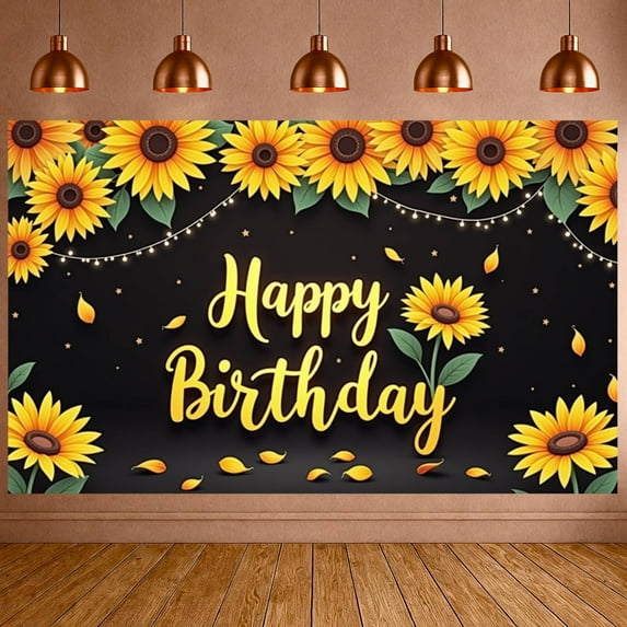 Sunflower Design Banner Yellow Theme Birthday Party Backdrop Floral Pattern String Lights Decor Backdrop for Birthday Party Photo Shoot Indoor Decoration