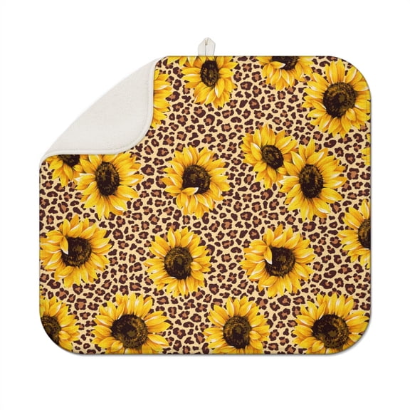 Sunflower Design Dish Drying Mat, 16x18 Microfiber Floral Pad for Kitchen Counter or Sink Area, Foldable and Absorbent Rack Mat