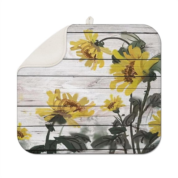 Sunflower Design Dish Drying Pad for Kitchen Sink Area, Foldable Microfiber Counter Mat, Absorbent and Reusable Rack Pad, 16x18 Inch