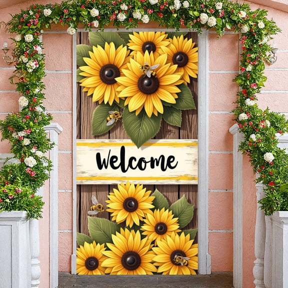 Sunflower Design Welcome Banner Daisy Pattern Sunflower Backdrop Bee Decor Green Background Nature Background for Home Decoration Garden Party Outdoor Event