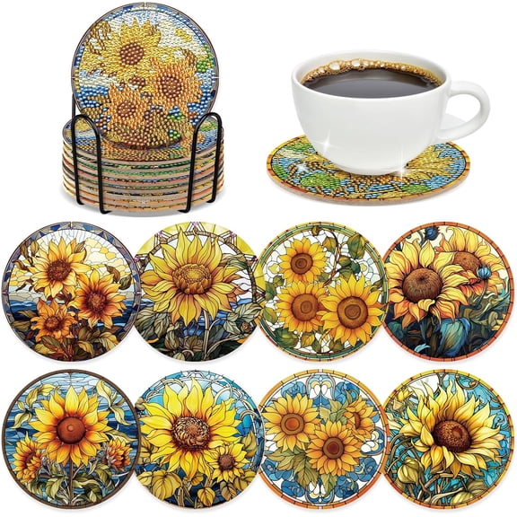 Sunflower Diamond Art Painting Coasters - 8 PCS Colorful Glass Diamond Art Kits for Adults DIY Non Slip Drink Coaster with Cork Pads Art Craft with Holder Birthday for Beginners