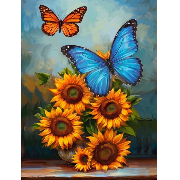 DIYDECORFUN Sunflower Diamond Art Kit for Adults, Butterfly Floral Diamond Painting Full Round, 12" x 16" Wall Decor
