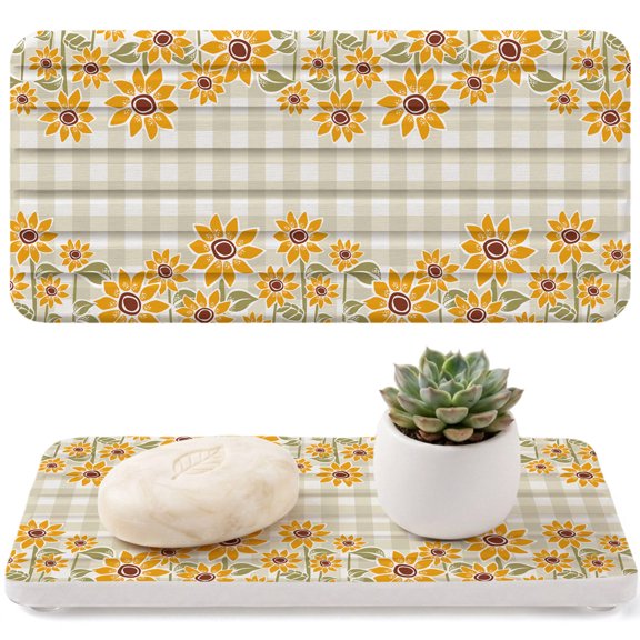 Sunflower Diatomaceous Earth Coasters, Grey Buffalo Plaid Water Absorbent Diatomite Coaster, Bathroom Tray Stone Dish Drying Mat Kitchen Sink Tray 8.3x4in
