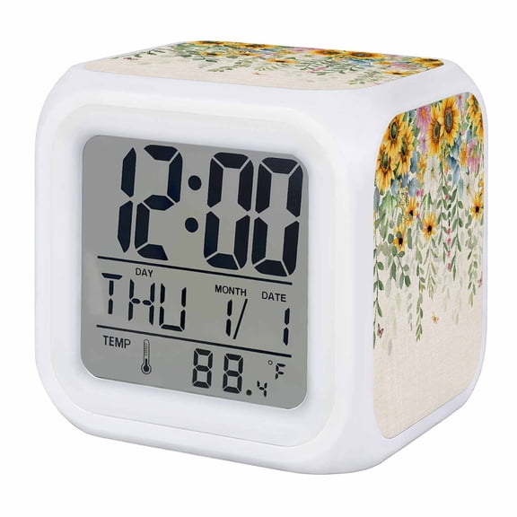 Sunflower Digital Alarm Clock for Bedrooms, Smart LED Alarm Clock with 7 Color Changing Night Light, Rustic Summer Botanical Eucalyptus Leaf Silent Wake Up Clocks for Sleep Study Cooking 3.2"x3.2"