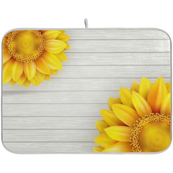 Sunflower Dish Drying Mat On Wooden Board, 18x24 Inch Yellow Flower Absorbent Reversible Drying Mat Dishes Pad Dish Mats Fast Drying for Kitchen Counter Decor