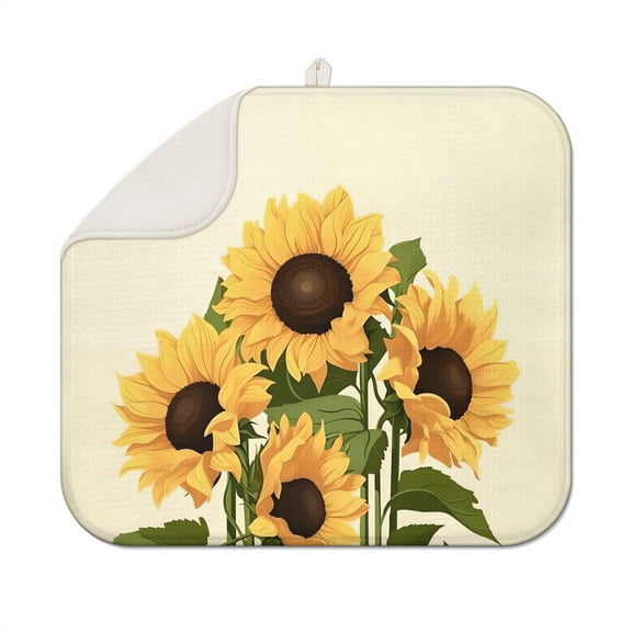 Sunflower Dish Drying Mat for Kitchen, 16x18 Inch Microfiber Floral Pad, Foldable Absorbent Counter Mat for Sinks and Racks