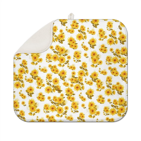 Sunflower Dish Drying Pad with Microfiber Surface, 16x18 Inch Floral Mat for Kitchen Use, Foldable Counter Rack Drainer Mat