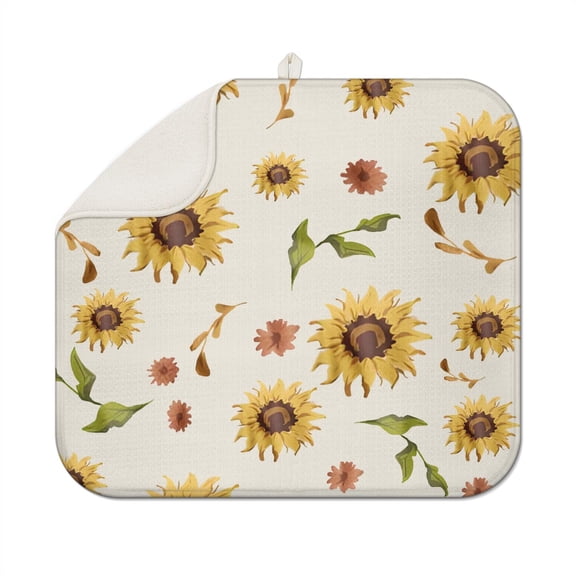 Sunflower Dish Mat for Drying Dishes, Microfiber Floral Rack Pad, Foldable and Absorbent Counter Mat for Kitchen or Sink Area, 16x18 Inch