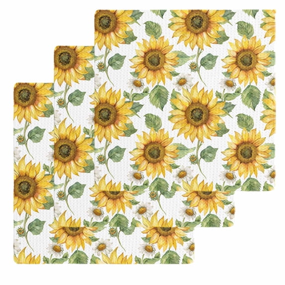 Sunflower Dish Towels Set, Waffle Weave Kitchen Towels 3 Pieces, Farmhouse Watercolor Botanical Summer Microfiber Hair Face Bath Tea Towel Absorbent Quick Drying Cleaning Dish Cloths, 12"x12"