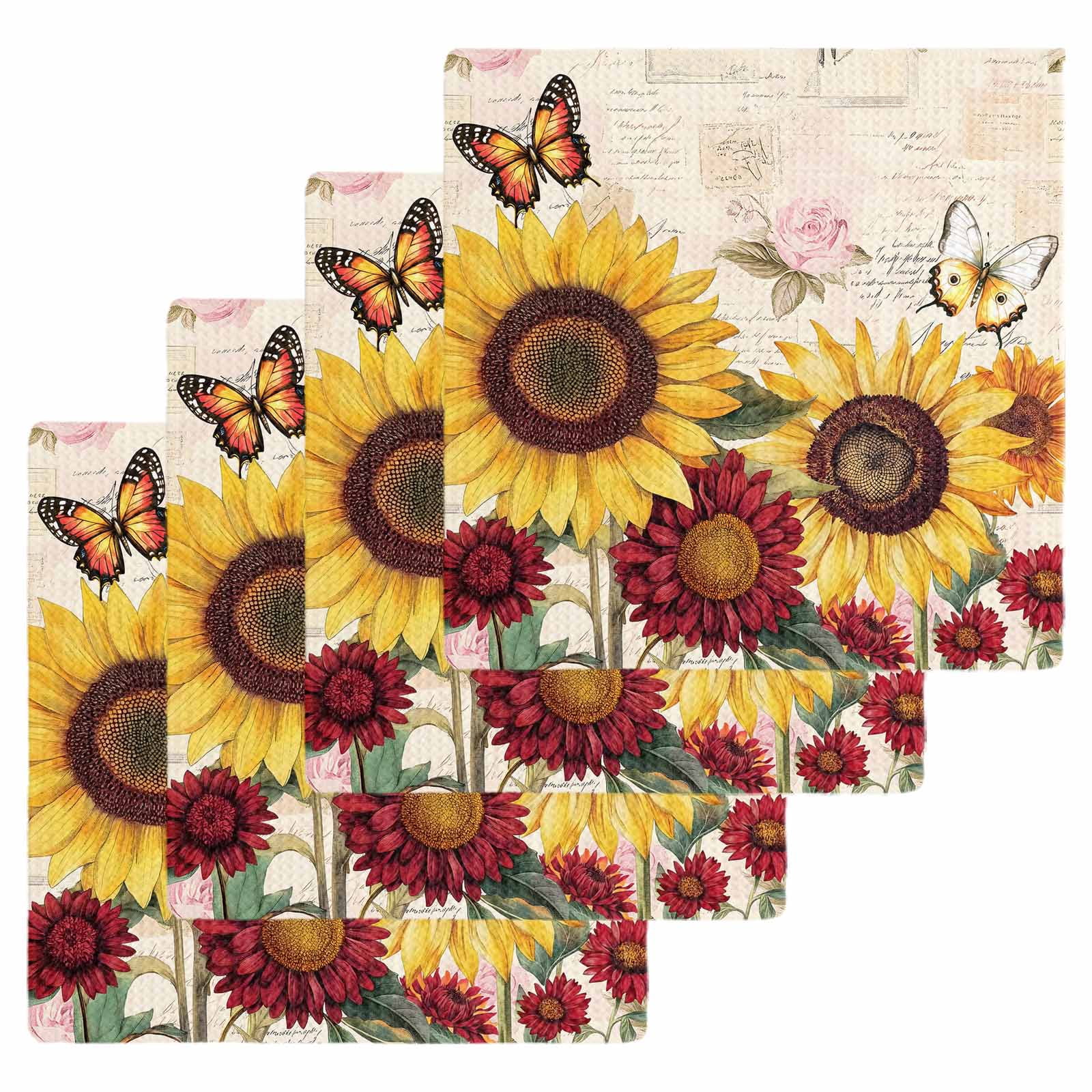 Sunflower Dish Towels Set, Waffle Weave Kitchen Towels 4 Pieces, Farmhouse Rose Floral Vintage Butterfly Microfiber Hair Face Bath Tea Towel Absorbent Quick Drying Cleaning Dish Cloths 12"x12"