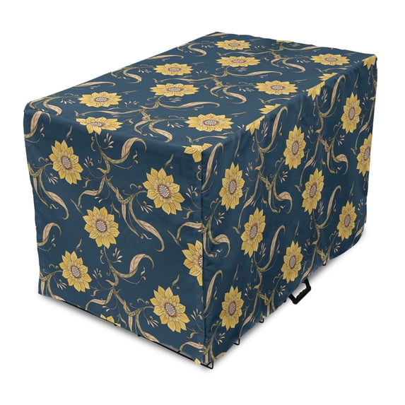 Sunflower Dog Crate Cover, Helianthus Floral Wild Pointy Petals Repetitive Print, Easy to Use Pet Kennel Cover Small Dogs Puppies Kittens, 7 Sizes, Dark Sky Blue Mustard, by Ambesonne