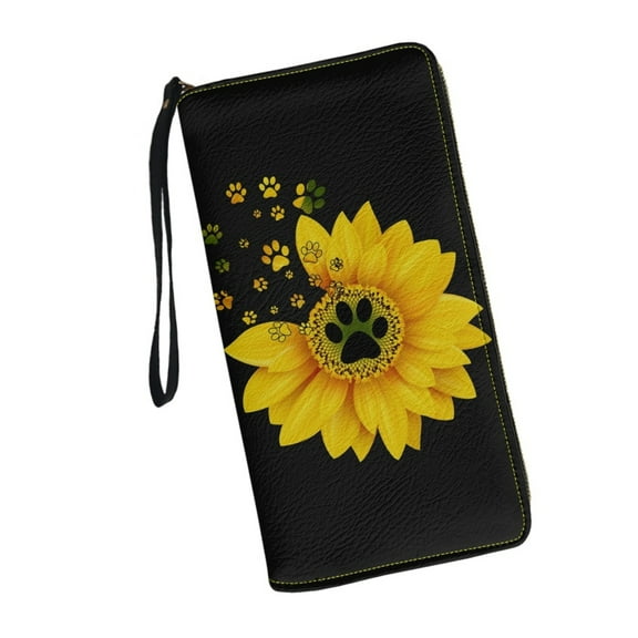 Sunflower Dog Footprint Women Wristlet Wallet Soft Leather Zip Long Purse RFID Blocking Card Holder Clutch Organizer