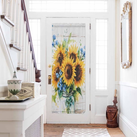 Sunflower Door Curtains for Door Window, French Sidelight Front Back Door Curtains With Tieback, Retro Country Garden Floral Blue Wildflower Kitchen Rod Pocket Drapes Panel, 25"x72"