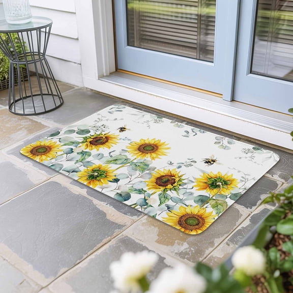 Sunflower Door Mat Indoor Outdoor,Sage Green Summer Botanical Eucalyptus Farmhouse Bee Non Slip Welcome Mat with Rubber Backing,Absorbent Fabric Front Door Mats Entryway Rug for Home Entrance 16"x24"