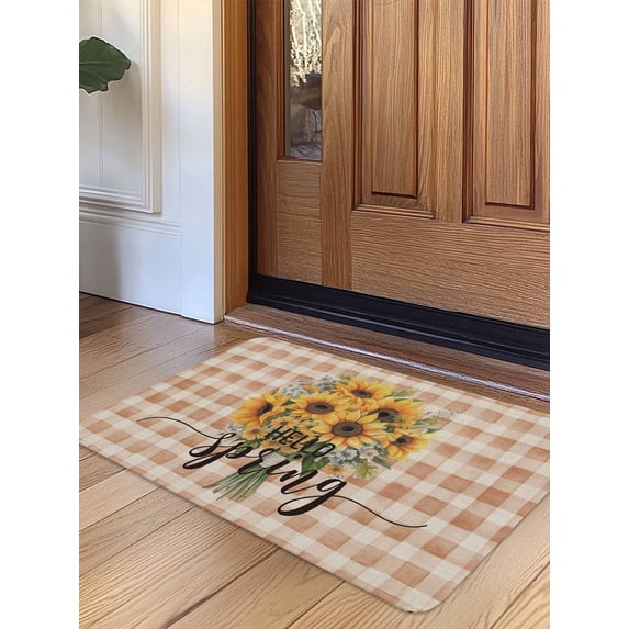 Sunflower Door Mat Indoor Outdoor Entrance, Non Slip Rug for Kitchen Bathroom Entryway Rug, Brown Plaid Spring Floral Summer Botanical Washable Doormat Floor Mat 20x31.5 Inch