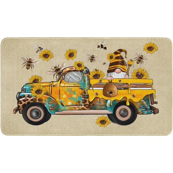 Sunflower Doormat Indoor Outdoor Rug Funny Gnome Truck Bees Front Welcome Decorative Door Mat Anti-Slip Rubber Seasonal Spring Summer Kitchen Entrance Floor Decortion 17 x 30 Inch.