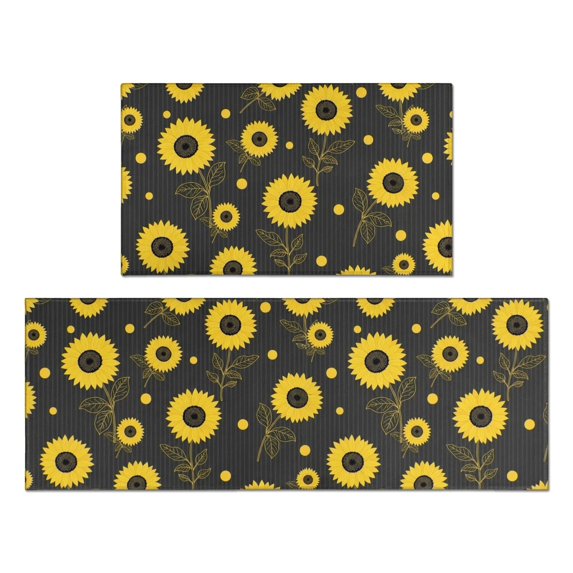 Sunflower and Dot Black Pattern Anti Fatigue Kitchen Rugs Set Of 2, Non Slip Washable Decorative Floor Mats for Kitchen Sink Laundry, 17"x30" and 17"x47"