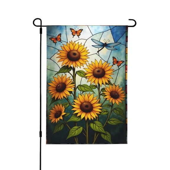 Sunflower Dragonfly Butterfly Garden Flag 12x18 Inch Double Sided – Stained Glass Style Summer Yard Decoration For Porch, Lawn & Patio