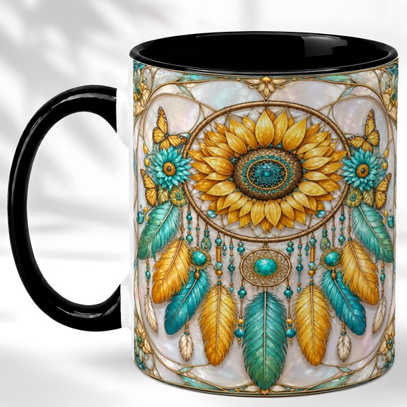 Sunflower Dream Catcher Coffee Mug, Boho Feather Mug, Ceramic 11 oz